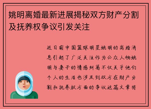 姚明离婚最新进展揭秘双方财产分割及抚养权争议引发关注